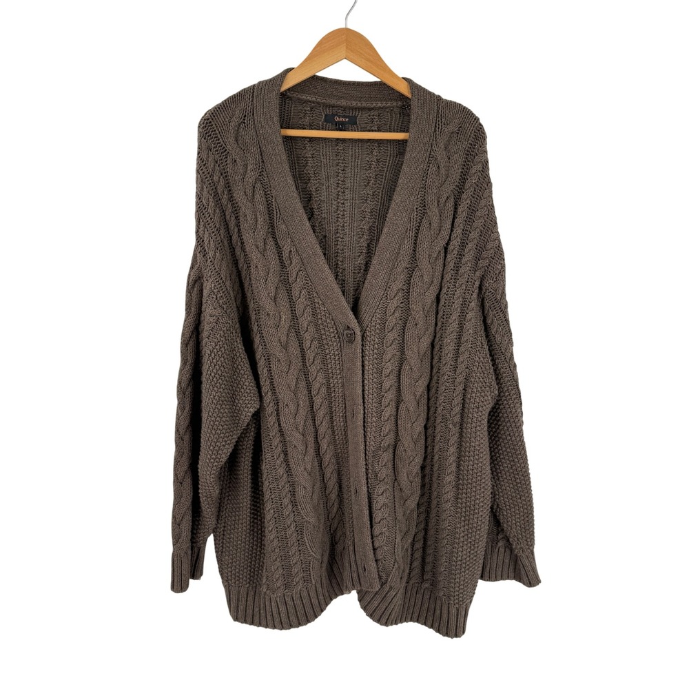 Quince Oversized Cable Cardigan Brown Large Organic Cotton Chunky Knit Cozy